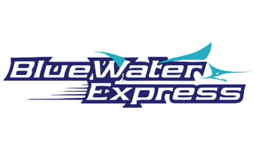 Blue Water Express logo for high-speed boat services departing from Serangan Port.